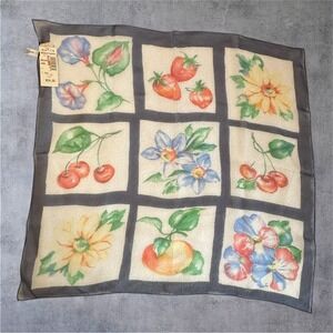 Vintage Silk Scarf Made in Japan Floral Fruit Patchwork Gray 22" LG/MSC NOS Tags